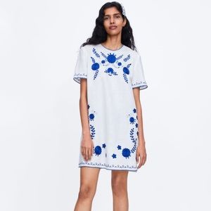 Zara Embroidered Dress in White & Blue